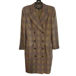 Linda Allard Ellen Tracy Brown Plaid Double Breasted Wool Blend Dress Sz 2